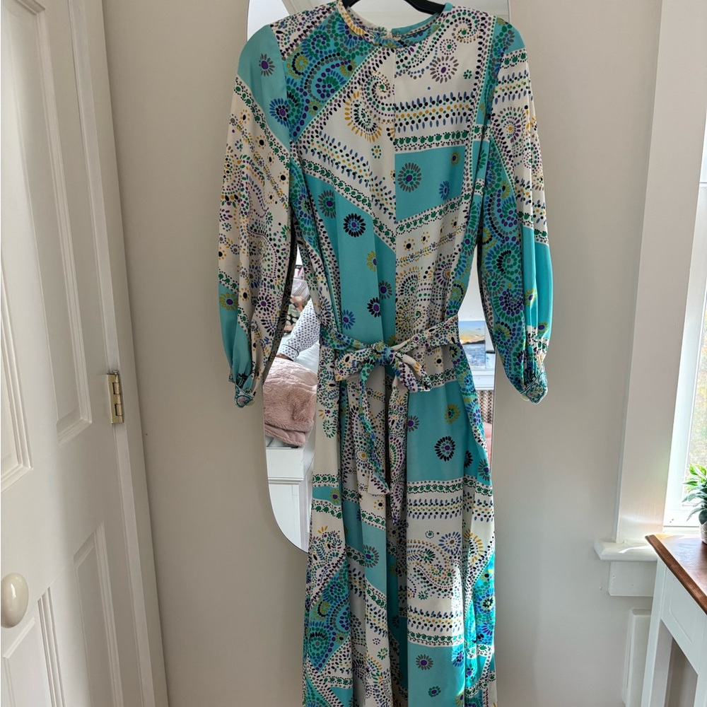 Vintage 1960’s Bergdorf Goodman Teal and White Long Sleeve Caftan Dress